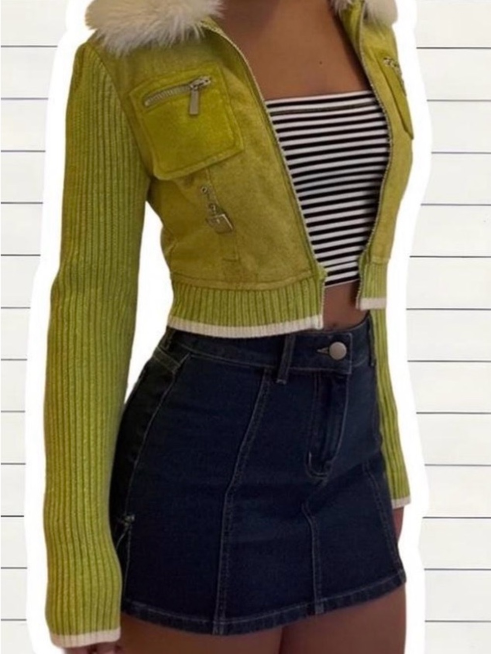 Cropped Chartreuse Green Faux-Fur Collar Jacket